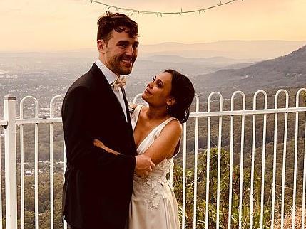 Miranda Tapsell and James Tolley tied the knot at Maddens Plains on Friday. Picture: Amelia J Dowd