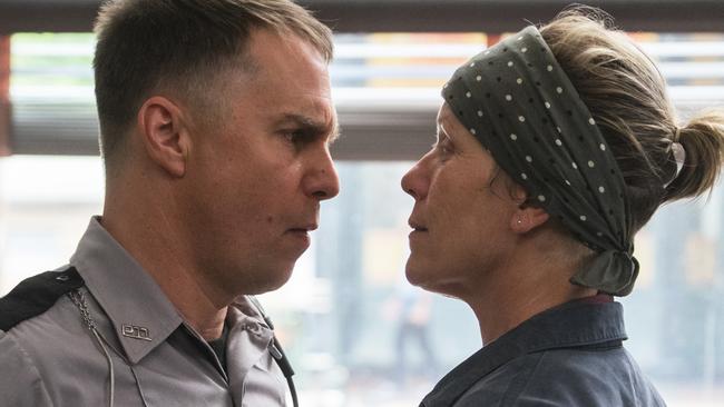 This image released by Fox Searchlight shows Sam Rockwell, left, and Frances McDormand in a scene from "Three Billboards Outside Ebbing, Missouri." (Merrick Morton/Fox Searchlight via AP)