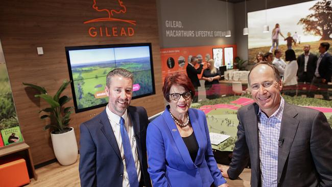 Lendlease regional development manager communities Kevin Montier, community partnerships manager NSW Judith Field and communities general manager NSW/ACT Arthur Ilias open the Gilead Information Centre. Picture: Carmela Roche