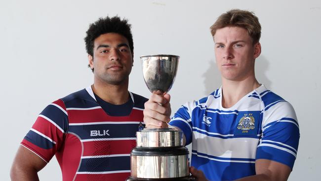 Captains Zane Nonggorr (TSS) and Mitch Lowrie (Nudgee). Picture: Liam Kidston