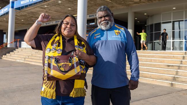 Annette Kingston and Daniel Sandy at the Gold Coast Suns v Hawthorn AFL match at TIO Stadium. Picture: Pema Tamang Pakhrin