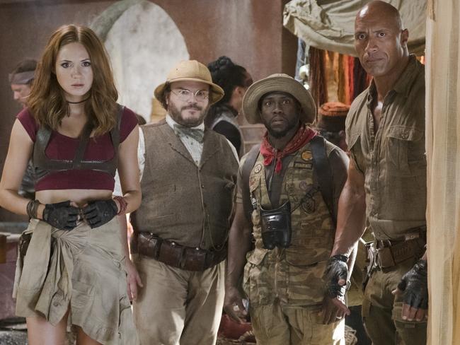 Karen Gillan, Jack Black, Kevin Hart and Dwayne Johnson in a scene from the film.