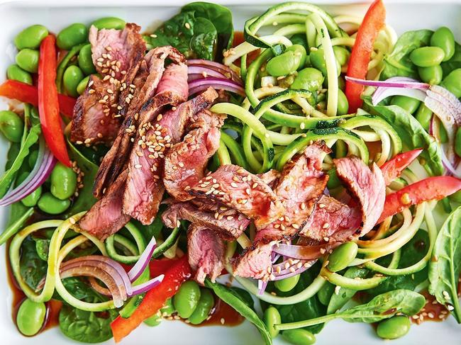 Warm wasabi beef and zoodle salad.