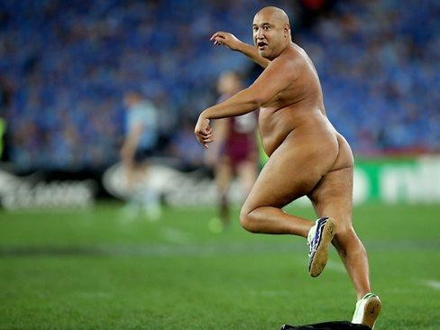 Wati Holmwood bares all as he disrupts an Origin game.