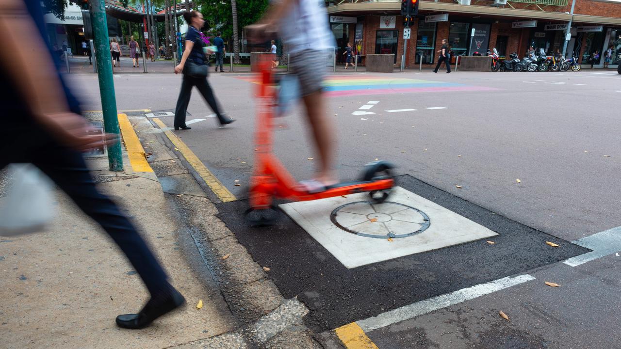 The notorious Knuckey St and Smith St corner in Darwin's CBD has claimed multiple victims as e-scooter riders continue to fail to negotiate the kerb. Picture: Che Chorley