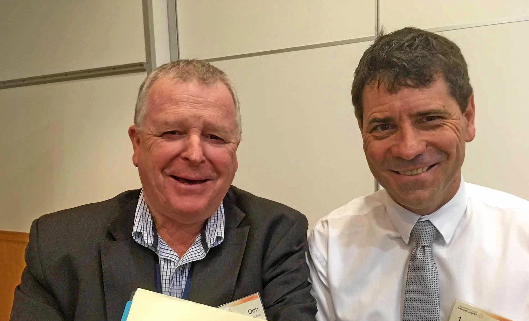 University of Sunshine Coast's Don Maconachie with Greg Laverty of Sunshine Coast Council at the Sunshine Coast Business Council Strategic Direction Discussion 2018 at Ramada Marcoola Resort. Picture: Erle Levey