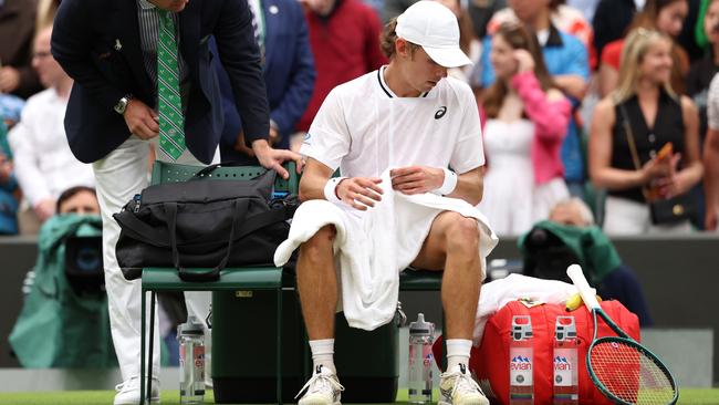 LONDON, ENGLAND - JULY 08: Alex de Minaur of Australia reacts following victory against Arthur Fils of France in his Gentlemen's Singles fourth round match during day eight of The Championships Wimbledon 2024 at All England Lawn Tennis and Croquet Club on July 08, 2024 in London, England. (Photo by Sean M. Haffey/Getty Images)