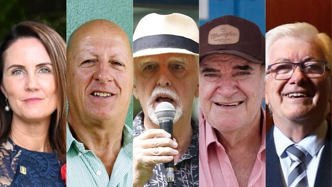 Cairns mayoral candidates (left to right) Amy Eden, Paul Taylor, Denis Walls, John Kelly and Terry James. Picture: File photos