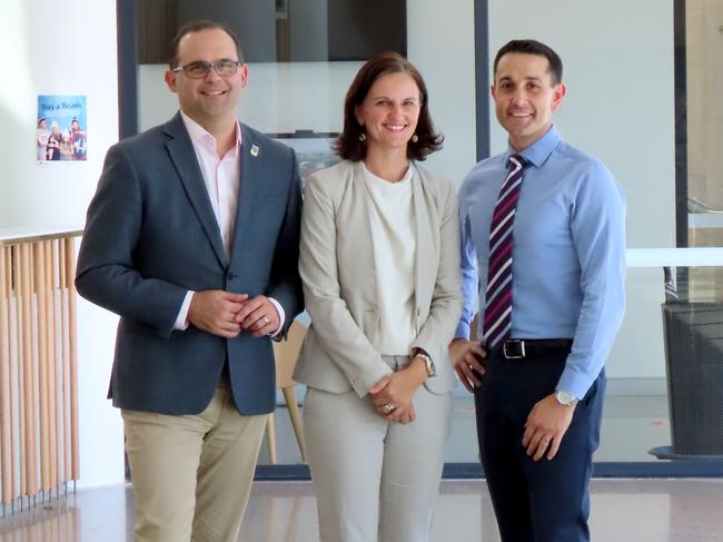 Deputy Opposition Leader David Janetski and Opposition Leader David Crisafulli with Townsville Enterprise CEO Claudia Brumme-Smith. Picture: Craig Warhurst.