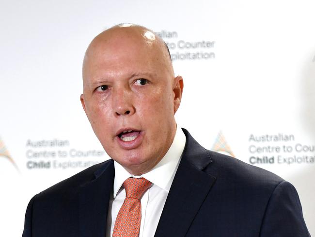 BRISBANE, AUSTRALIA - NewsWire Photos - MARCH 3, 2021. Minister for Home Affairs Peter Dutton speaks during a visit to the Australian Centre to Counter Child Exploitation (ACCCE). Mr Dutton launched the ÃStop Child Abuse Ã Trace an ObjectÃ initiative.Picture: NCA NewsWire / Dan Peled