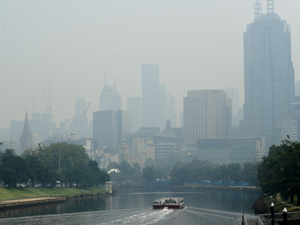 Smoke pollution from unprecedented bushfires hovered over the city skyline ahead of the Australian Open in Melbourne on January 14, 2020, during the Black Summer fires. Picture: William West/AFP