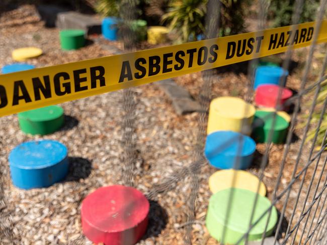 Cautionary tape can be seen around playground equipment at a Coburg park where asbestos has been found. Picture: NCA NewsWire