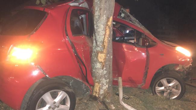 Aftermath of the horror crash where the Toyota Yaris was wrapped around a tree after leaving the roadway. Picture: Supplied.