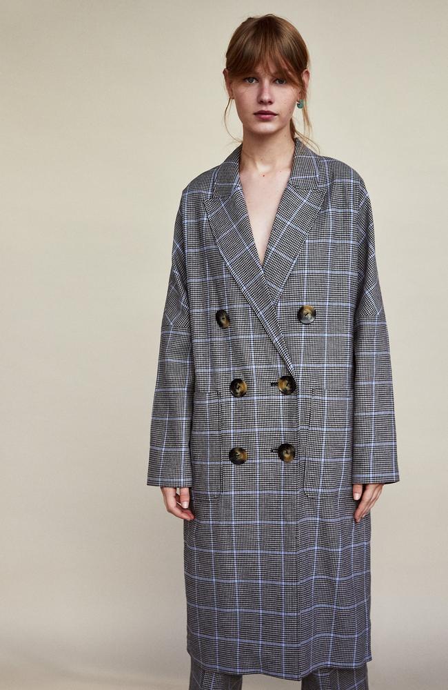 Checked double-breasted coat, $179.