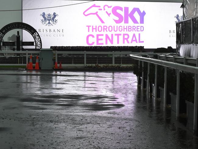 Dark and damp: the famous Eagle Farm racetrack not as expected on its grand reopening. Picture: Grant Peters, Trackside Photography