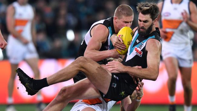 Justin Westhoff played at full back on the Giants’ resting ruckman on Saturday night. Picture: David Mariuz (AAP).