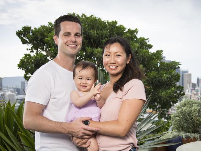 21/01/2020: Toby Turner and Eunice Suisuan Lim with daughter Emilia photographed at their South Brisbane, Queensland apartment for 'Backyard' series. Richard Whitfield/The Australian.