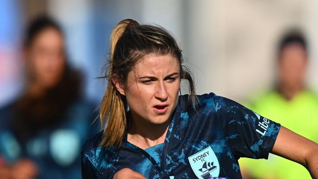 MELBOURNE, AUSTRALIA - FEBRUARY 10: Charlotte Mclean of Sydney FC kicks the ball during the A-League Women round 16 match between Melbourne City and Sydney FC at City Football Academy, on February 10, 2024, in Melbourne, Australia. (Photo by Morgan Hancock/Getty Images)