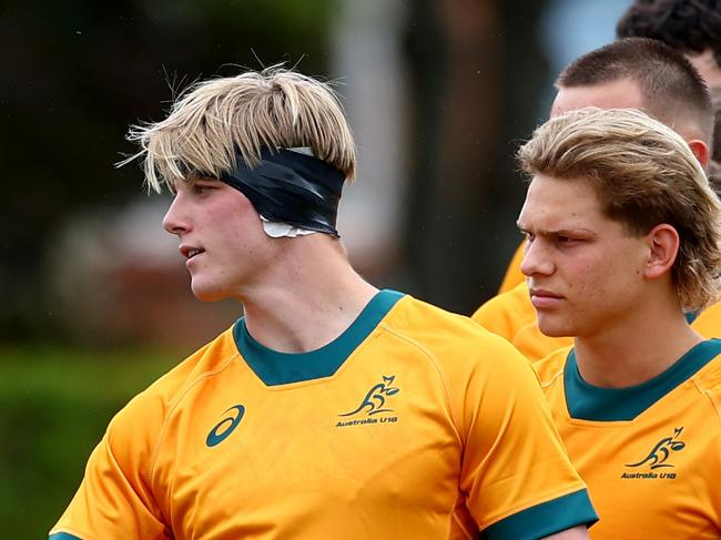 HAMILTON, NEW ZEALAND - OCTOBER 02: Captain Micah Fale of NZ Barbarians (L) and Captain Thomas Robinson of Australian U18 (R) shake hands before the match between Australia U18s and  New Zealand Barbarians at St Paul's Collegiate School, on October 02, 2024 in Hamilton, New Zealand. (Photo by Phil Walter/Getty Images for Rugby Australia)