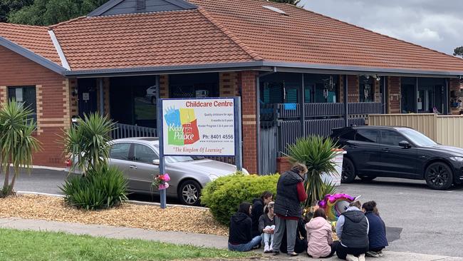 Distraught staff members gathered at the front of the Epping childcare centre where Charlotte was struck and killed. Picture: Josh Fagan