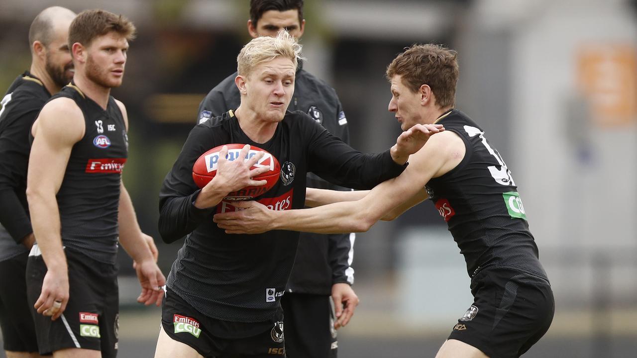 Jaidyn Stephenson in action at Collingwood training this month.