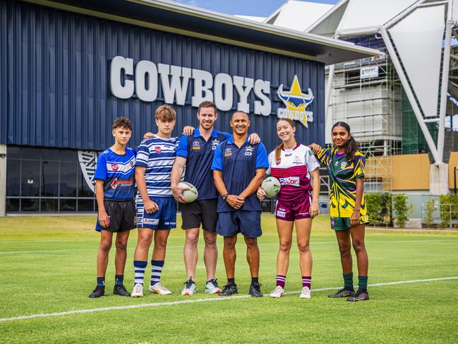 Chace Kennedy, 13 (Lions), Blaize Goodwin, 14 (Brothers), former Cowboys Michael Morgan and Ray Thompson, Ava Wagner, 16 (Souths) and Aleeah Michael, 16 (Upper Ross). Picture: Alix Sweeney / Cowboys Media