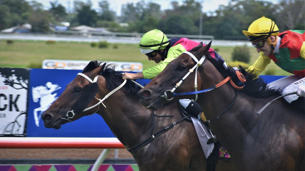 Jockey Andrew Mallyon rode Nothingforthepress (right) to victory for trainer Stephen Lee in the final stride over John Shelton trained Bugalugs (Stephen Lee) in the NRRA Country Championship Qualifier 13 February Open Handicap over 1200m at Clarence River Jockey Club in Grafton on Tuesday, 2nd February, 2021. Photo Bill North / The Daily Examiner