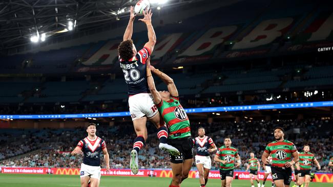 SYDNEY, AUSTRALIA - SEPTEMBER 06: Mark Nawaqanitawase of the Roosters collects the ball to score a try during the round 27 NRL match between South Sydney Rabbitohs and Sydney Roosters at Accor Stadium, on September 06, 2024, in Sydney, Australia. (Photo by Matt King/Getty Images)