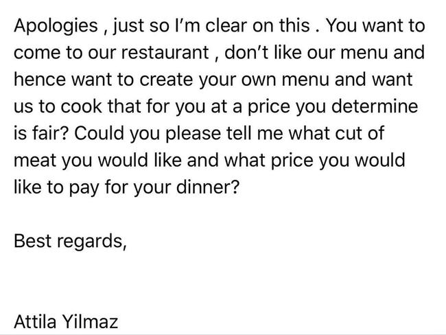 A part of the email exchange between chef Attila Yilmaz and the demanding customer.