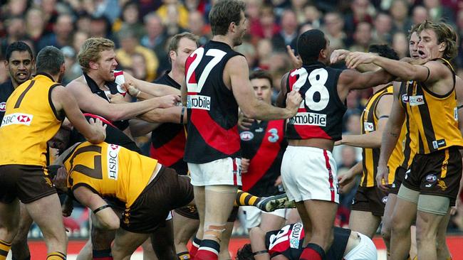 Peter Everitt, John Barker, Matthew Alla,. Justin Murphy and others brawl in 2004.