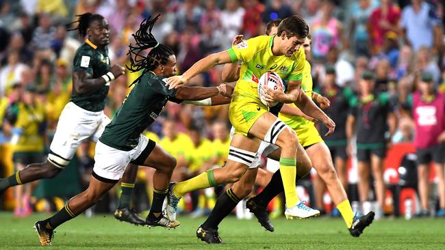 Lachie Anderson in action for Australia against South Africa during the 2018 Sydney Sevens at Allianz Stadium. Picture: Bradley Kanaris/Getty