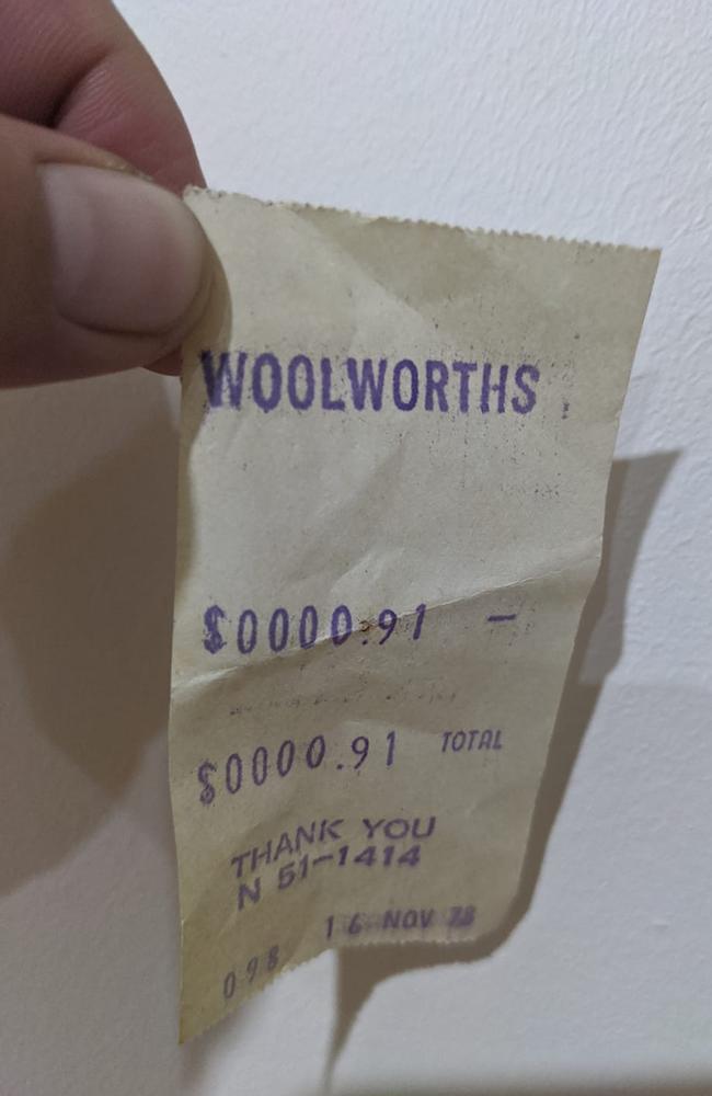 A Sydney man was doing home renos when he uncovered a Woolies recent from November 16, 1978. Picture: Facebook/ WoolworthsAustralia