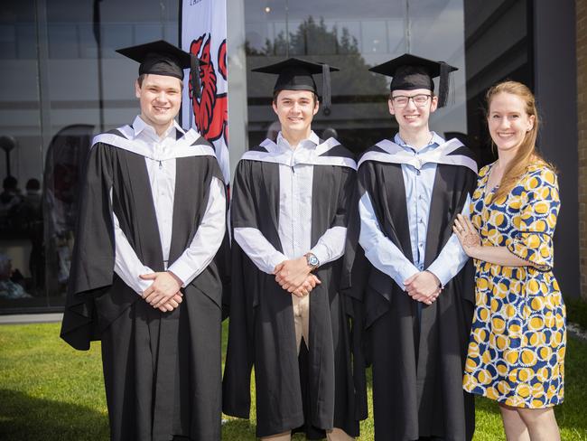Adam Sieger, Angus Fagg, Mitchell Patterson and Olivia Fagg. University of Tasmania Hobart Graduations 2019, Wednesday morning. Picture: RICHARD JUPE