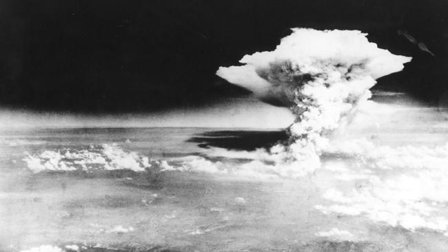 The mushroom cloud of the atomic bomb dropped by the B-29 bomber Enola Gay over the city of Hiroshima.