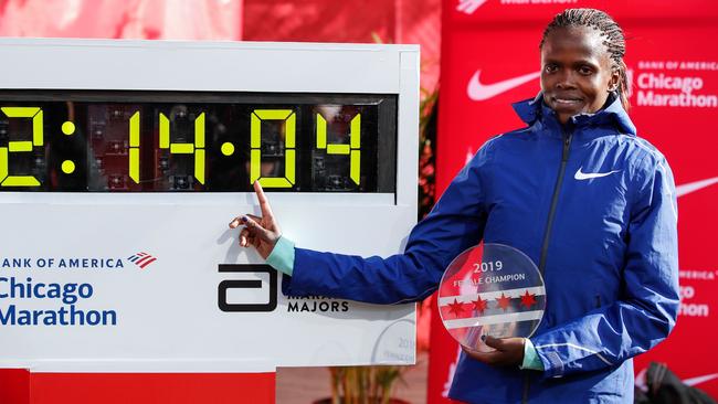 Kenya's Brigid Kosgei broke the marathon world record in a shoe that’s set to be banned. Picture: AFP