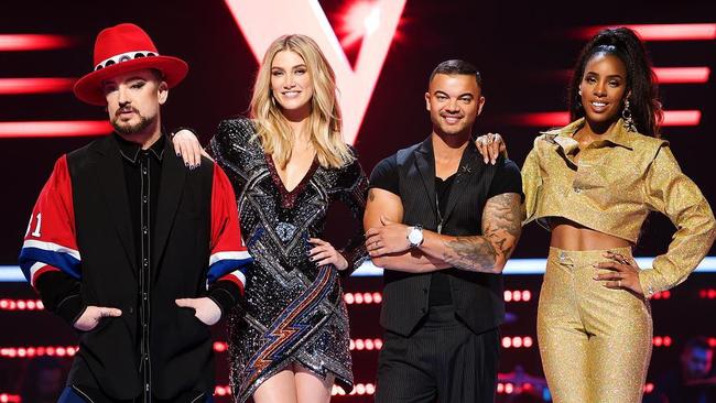 Guy Sebastian was forced to take off his hat for the promo shots of The Voice after Boy George told him only one judge can wear a hat. Picture: Supplied