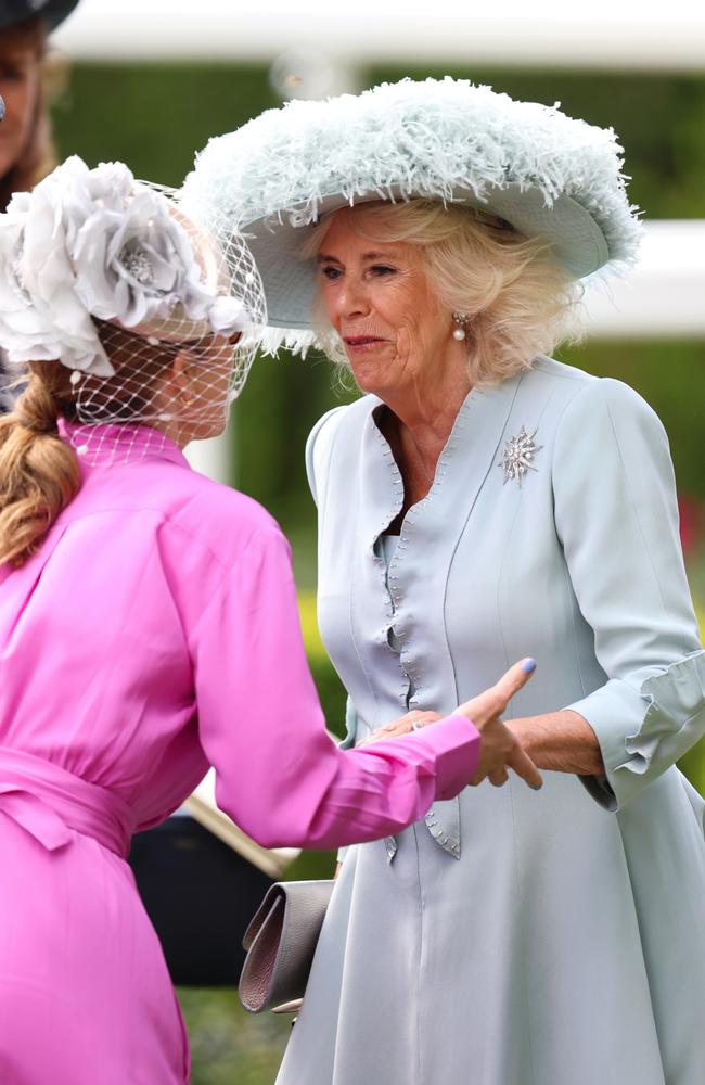 Queen Camilla greets a racegoer on day four of Royal Ascot. Picture: Getty Images