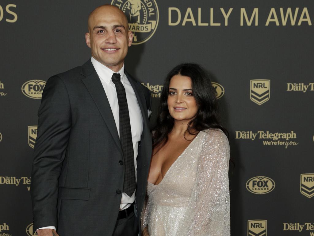 Blake Ferguson with his partner Dominique Moraitis. Picture: Brook Mitchell/Getty