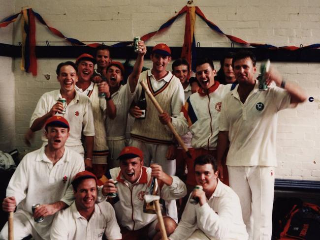 Cameron Wallace (front row, second from left) celebrates after playing in Frankston Peninsula's 2nd XI flag in 1996-97.