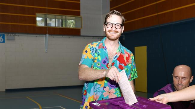 Greens candidate for Solomon, NT, Jonathan Parry casts his vote at Nightcliff Middle School in the 2025 federal election. Picture: Pema Tamang Pakhrin.