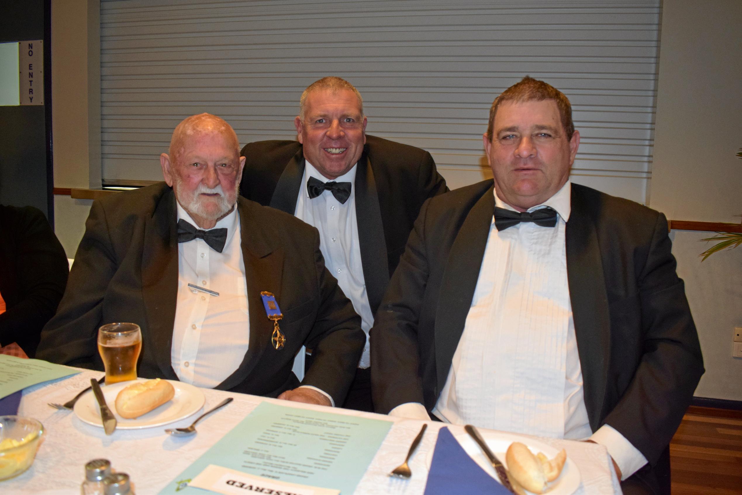 Bob Gunning, John Neilsen and Bully Hay at the Murilla Masonic Lodge 100th Birthday banquet. Picture: Kate McCormack