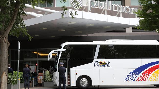 International passengers arrive at the Pullman Hotel in Adelaide for isolation. Picture: Tait Schmaal.