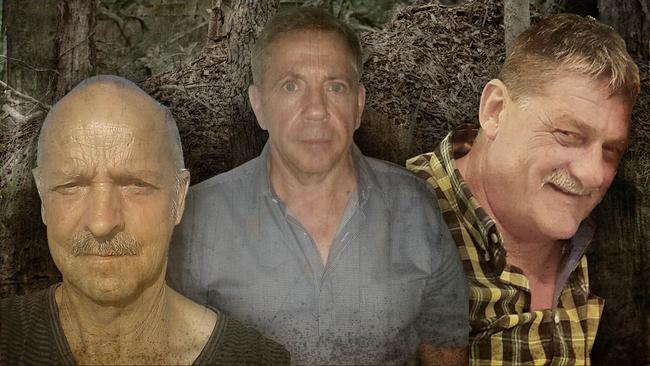 The remains of Bruce Saunders, centre, were found on a rural property near Gympie in November. Peter Koenig, left, and Greg Roser, right, have been charged with murder.