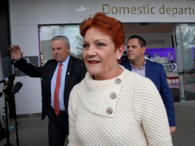 One Nation Senator Pauline Hanson is seen at Perth Airport, Perth, Friday, June 22, 2018. Ms Hanson has travelled to Perth to campaign in the Darling Range by-election with One Nation candidate Rod Caddies. (AAP Image/Richard Wainwright) NO ARCHIVING