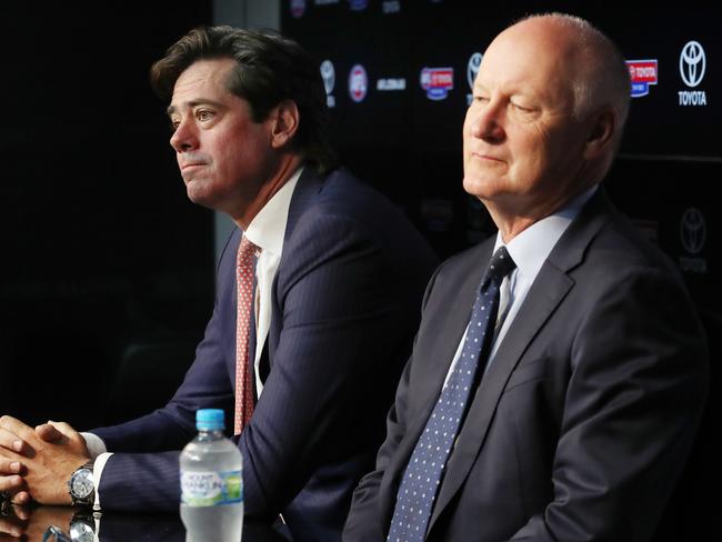 Former AFL CEO Gillion McLachlan and AFL chairman Richard Goyder. Picture: David Crosling