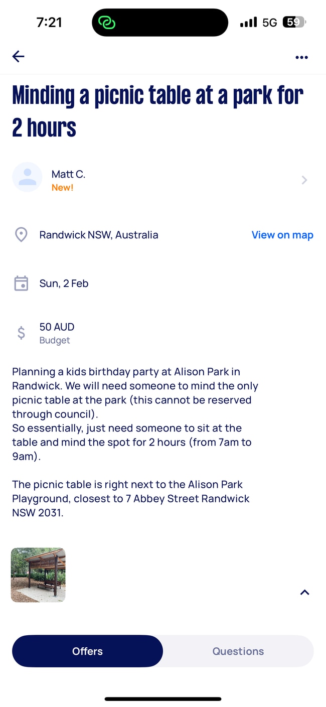 A job ad posted on Airtasker asked someone to help reserve a picnic table. Picture: Supplied