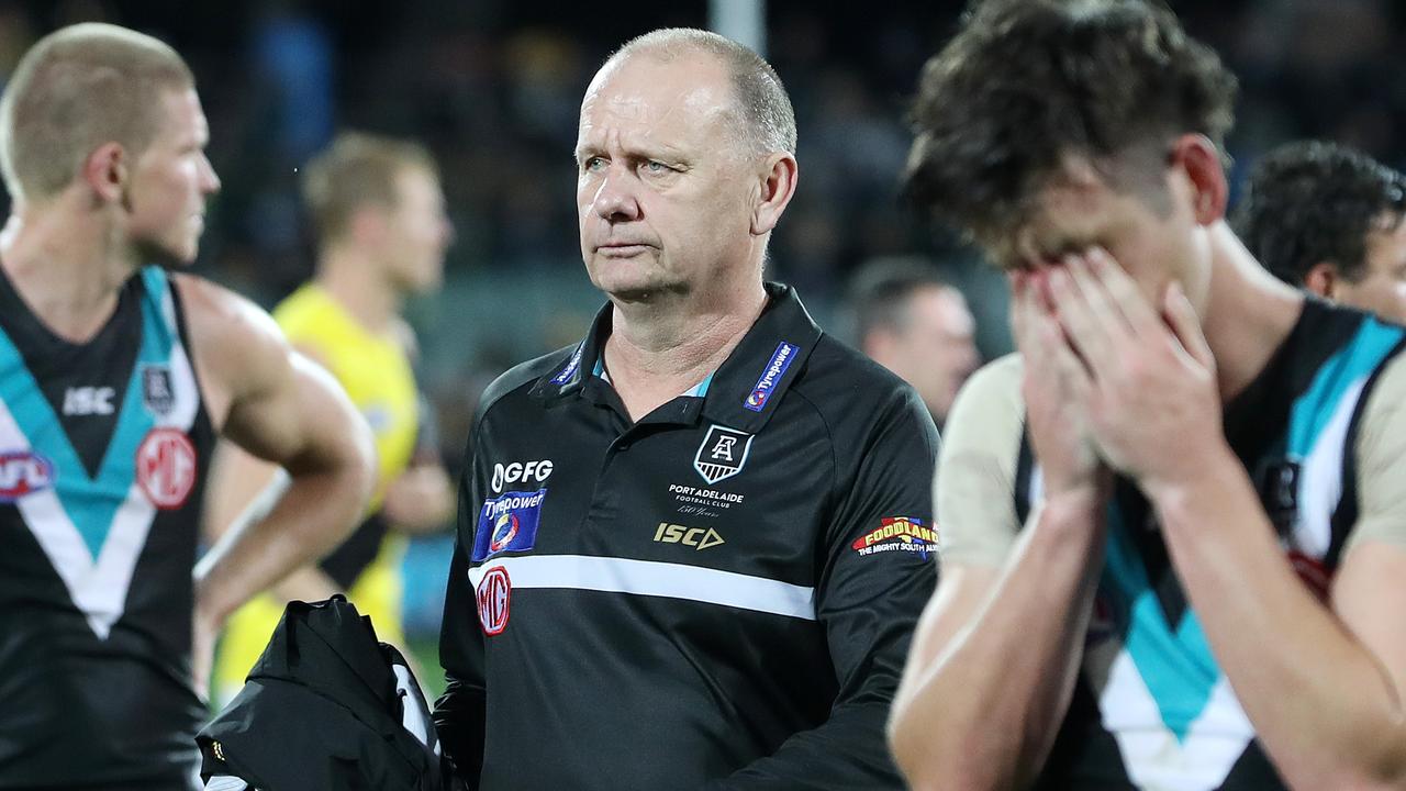 AFL - Friday, 16th October, 2020 - Preliminary Final - Port Adelaide v Richmond at the Adelaide Oval. Port Adelaide coach Ken Hinkley with his players after the loss Picture: Sarah Reed