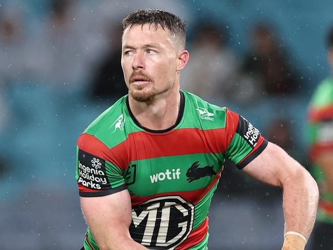 SYDNEY, AUSTRALIA - JUNE 14: Damien Cook of the Rabbitohs passes during the round 15 NRL match between South Sydney Rabbitohs and Brisbane Broncos at Accor Stadium, on June 14, 2024, in Sydney, Australia. (Photo by Cameron Spencer/Getty Images)