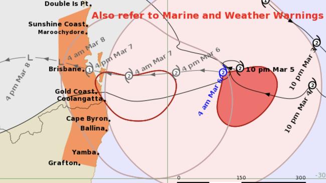 The expected pathway of Tropical Cyclone Alfred as of Thursday morning. Picture: BOM