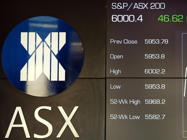 A board at the Australian Securities Exchamge (ASX) in Sydney on November 7, 2017, shows the Australian sharemarket breaking through above 6,000 for the first time since the financial crisis, pushing past a psychological barrier amid optimism about the global economy. The benchmark S&P/ASX 200 briefly passed 6,000 in trading in Sydney in mid-day trade, after failing to pass that level after several attempts in recent years. / AFP PHOTO / WILLIAM WEST